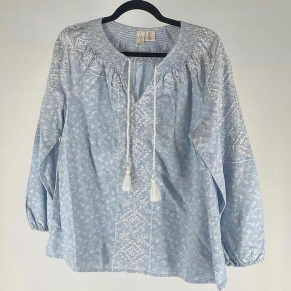 Bohemian Style Light Blue Embroidered Blouse - Picture 1 of 2